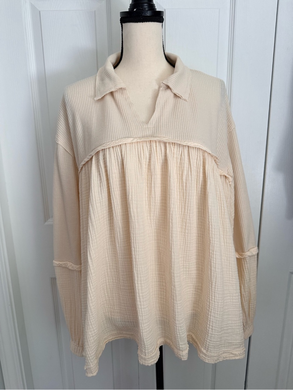 Dress Up Boho women’s Gauze Waffle Knit Tunic Top Cream Small S Peplum Oversized